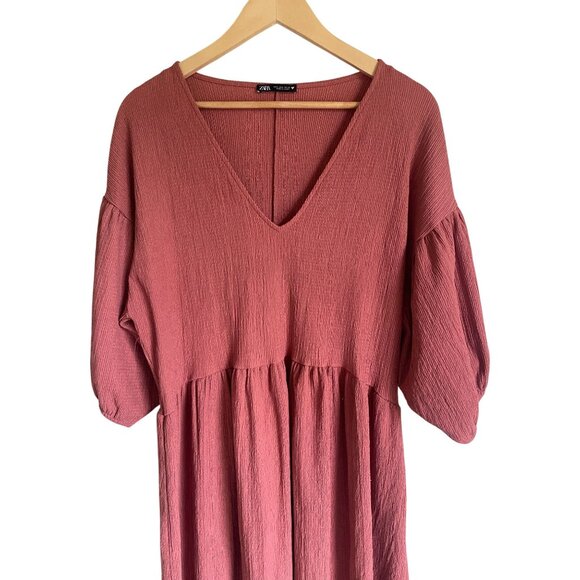 ZARA Textured Weave V-Neck Dress Rust Orange Half Sleeve Midi - Picture 4 of 8